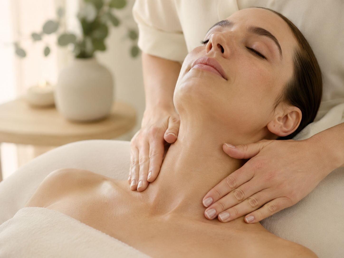 Preparación suave en la zona del cuello — drenaje facial cosmético